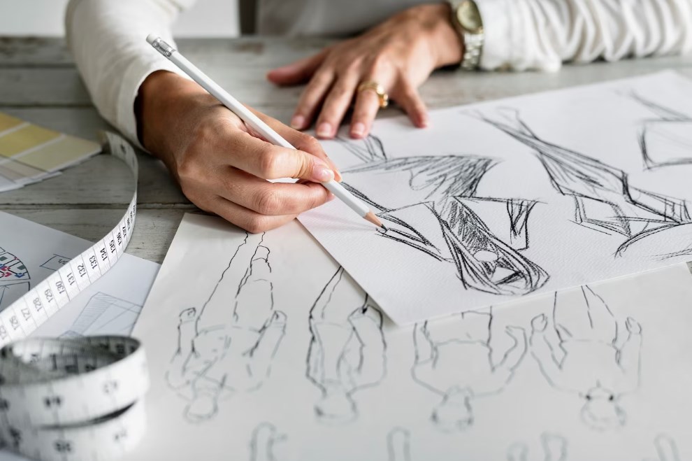 a hand of a female fashion designer holding a white pencil and drawing sketches