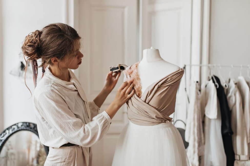 a beautiful espresso brunnette lady in beige outfit working on a new fashionable dress