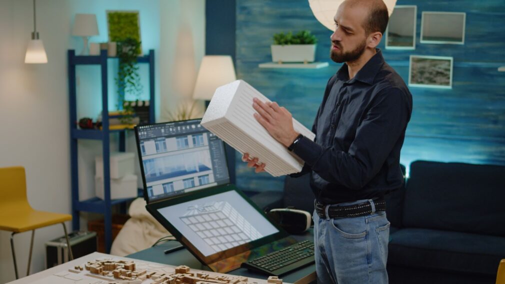 a man working as an architect and analyzing a maquette in his hands